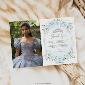 Blue Silver QUINCEAÑERA Photo Thank You Card Editable Mis Quince 15 Anose Template Sweet 16 Birthday Party Favor Printable Download FLO43