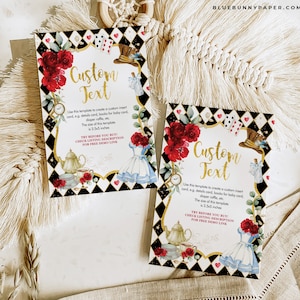 Bewerkbare Alice in Wonderland invoegkaartsjabloon, Mad Hatter Tea Party Onederland verjaardag, meisje baby shower behuizing kaart downloaden, AL4