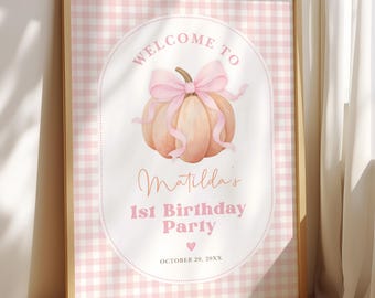 Coquette Pumpkin Birthday Welcome Sign: Pink Bow Gingham Fall EDITABLE TEMPLATE, PUM6