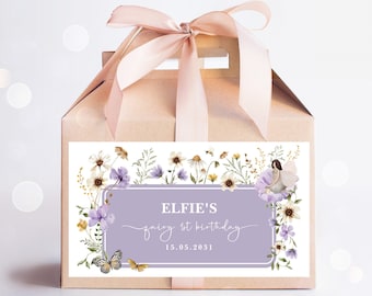Editable Fairy Birthday Party Favors, Purple Wildflower Fairy Gable Box Label, Enchanted Fairy 1st Birthday Gift Box Label Download, FA6