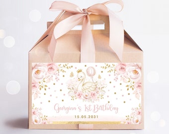 Editable Swan Birthday Party Favors, Swan Princess Gable Box Label, Pink Gold Floral Balloon Gift Box Label Template Instant Download, SWAN5