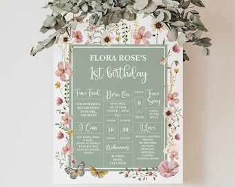 May include: A green and white printable first birthday sign with floral illustrations. The sign includes the child's name, Flora Rose, and details about their first year, including their favorite foods, birth date, weight, height, and favorite song.
