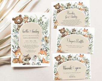 Woodland Baby Shower Invitation Bundle: Boho Greenery Forest Animals EDITABLE TEMPLATE Download FOR4