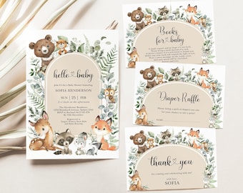 Boho Woodland Baby Shower Invitation Bundle Sage Green Forest Invite Books for Baby Card Diaper Raffle EDITABLE Printable Download FOR4