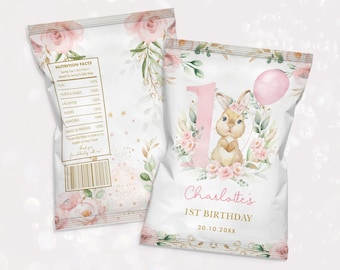 Editable Bunny Chip Bag Template, Pink Floral Rabbit 1st Birthday Party Favors, Girl Bunny First Birthday, Instant Download, Corjl, BUN3