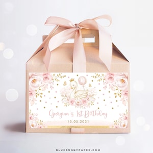 Bomboniere modificabili per la festa di compleanno del cigno, etichetta della scatola timpano della principessa del cigno, modello di etichetta della scatola regalo con palloncino floreale in oro rosa Download immediato, SWAN5