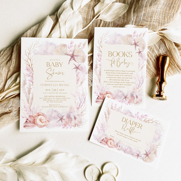 Pacchetto baby shower sotto il mare: invito all'oceano, libri per neonati, modelli per la lotteria dei pannolini, OC1