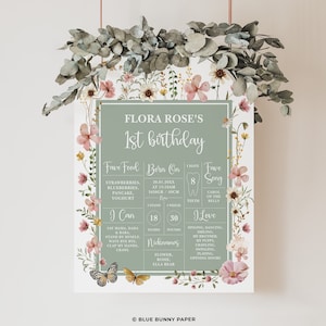Editável Wildflower 1º Aniversário Marco Placa Sage Green Boho Primeiro Aniversário Chalboard Sign Mudo Rosa Jardim 1º Aniversário Cartaz FLO32