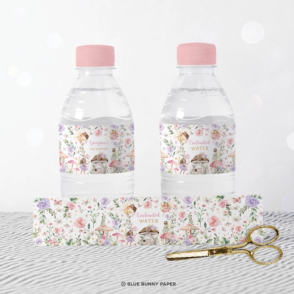 Editable Fairy Birthday Party Water Bottle Labels Enchanted One Magical Floral Fairy Princess Party Water Bottle Wraps Instant Download FA4
