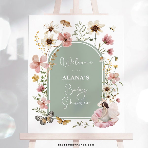 Sage Green Fairy Baby Shower Welcome Sign Wildflower Fairy Garden Birthday Party Decor Muted Pink Enchanted Fairy EDITABLE TEMPLATE FA5