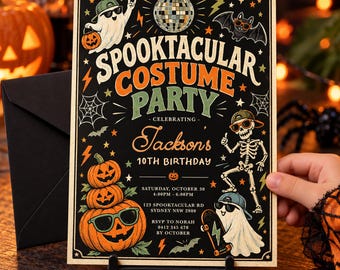 Retro Halloween Costume Party Birthday Invitation Canva Template Digital Download, HL3