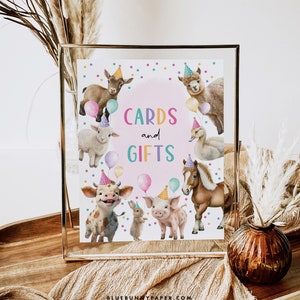 Cartes et cadeaux Panneau de table d'anniversaire de la ferme Fille animaux de la ferme Décoration de fête Ranch rose de la basse-cour Ballon Confettis Téléchargement instantané FARM3