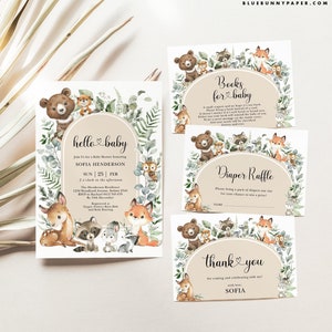 Boho Wald Baby Dusche Einladung Bundle Salbei grün Wald einladen Bücher für Baby Karte Windel Verlosung EDITIERBAR Druckbare Download FOR4