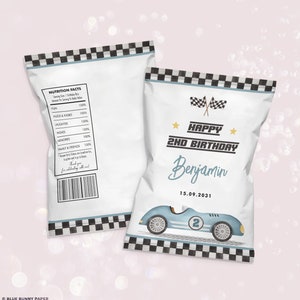 Modelo editável de saco de chip de carro de corrida, duas lembrancinhas de festa de aniversário de carro de corrida rápido, aniversário de carro vintage azul rápido, download instantâneo, RC1