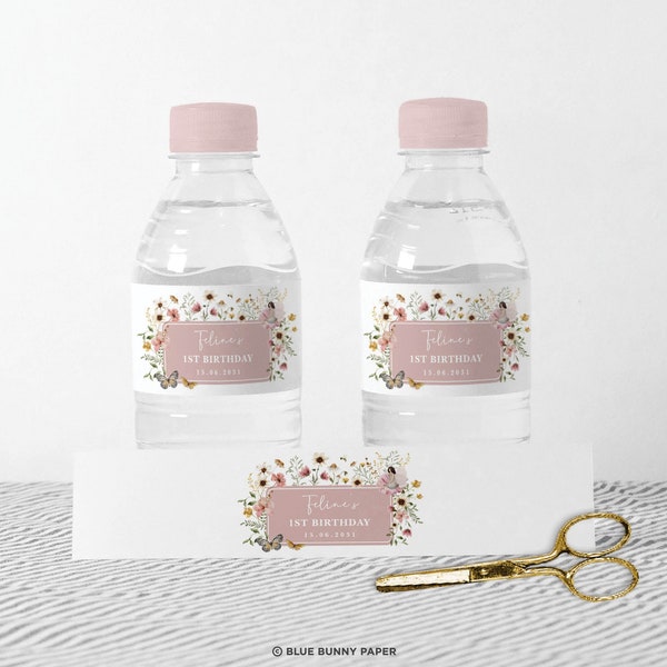 Wildflower Fairy Water Bottle Label Boho Fairy Garden Birthday Favors Dusty Pink Blush Spring Floral Baby Shower Tea EDITABLE TEMPLATE, FA5
