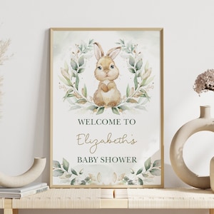 Bunny Baby Shower Welcome Sign Editable Template Greenery Customizable Printable Party Decoration Corjl JPEG & PDF Digital Download BUN1