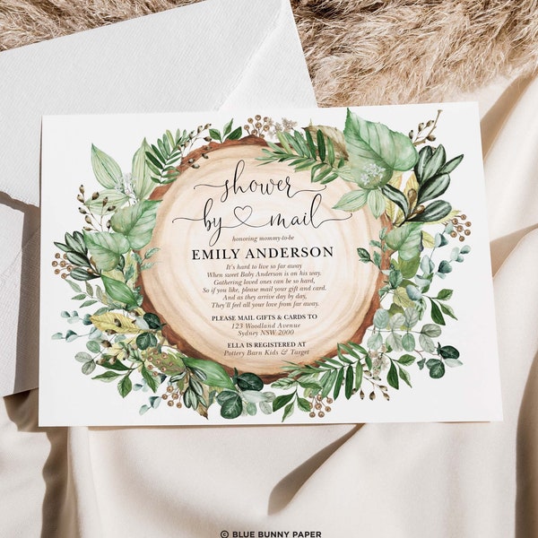 Greenery Baby Shower By Mail Invitation Template Rustic Botanical Forest EDITABLE Virtual Printable Invite Gender Neutral Baby Sprinkle, GR2