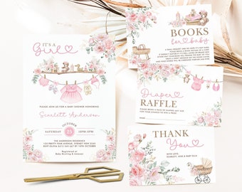 May include: Pink and green baby shower invitation cards with floral designs. The cards include a baby shower invitation, a diaper raffle request, a book request, and a thank you card. The text on the cards reads "It's a Girl", "Books for Baby", "Diaper Raffle", and "Thank You".