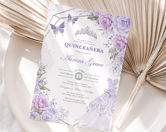 Purple Silver Quinceanera Invitation Template Purple Lilac Floral Mis Quince 15 Anos Invite Crown Princess Dress EDITABLE Download, FLO21