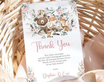 Fille Woodland Animaux Merci Carte Rose Floral Eucalytus Forêt Baby Shower Favors 1er Anniversaire MODÈLE MODIFIABLE Corjl Télécharger FOR6