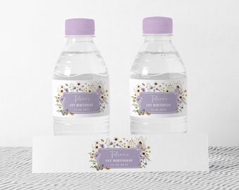 Lavender Fairy Water Bottle Label, Boho Wildflower Fairy Garden Birthday Favors, Lilac Floral Baby Shower Tea Party EDITABLE TEMPLATE, FA6
