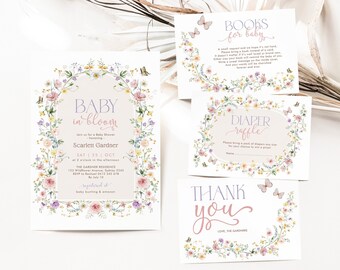 Bébé en fleurs : lot d'invitations pour baby shower pastel fleurs sauvages MODÈLES MODIFIABLES à télécharger, WF2