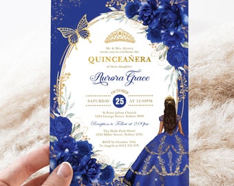 May include: Blue and gold quinceañera invitation with a floral design and a butterfly. The invitation includes the text "Quinceañera" and "Aurora Grace".