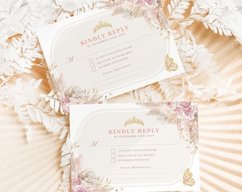 Boho Quinceañaera RSVP Karte Blush Pink Floral Mis Quince 15 Anos Geburtstag Einfügen Vorlage Gold Kronprinzessin Printable Download, FLO15
