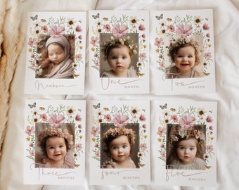 Wildflower Birthday Photo Banner Muted Blush Floral 1st Birthday Monthly Milestone Photo Cards Boho Photo Banner EDITABLE TEMPLATE FLO32