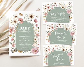 May include: A set of four baby shower cards with a floral theme. The cards are decorated with a green archway and pink flowers. The text on the cards reads "Books for Baby", "Diaper Raffle", "Baby in Bloom", and "Thank You".