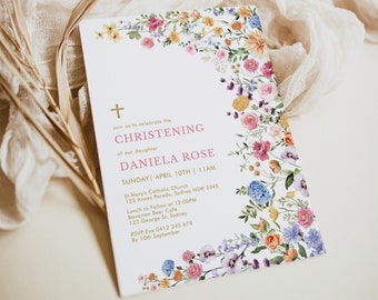 Wildflower Christening Invitation: Girl Baptism Invite, Spring Floral Editable Template Instant Download, FLO2