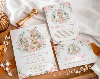 May include: A baby shower invitation suite with a pink and green watercolor design featuring bunnies and floral accents. The invitation reads "a sweet little bunny is on her way!" and includes the name "Charlotte Potter". The other cards are for "Books for Baby" and "Diaper Raffle".