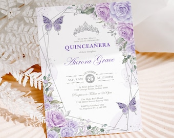 Editable Quinceanera Invitation Template Purple Lilac Silver Floral Mis Quince 15 Anos Invite Butterflies Crown Princess DIY Download, FLO21