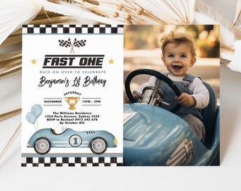 Editable Fast One 1st Birthday Invitation Racing Car Boy First Birthday Invite Vintage Blue Race Car Party Printable Template Download RC1