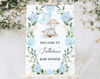 Agneau Baby Shower Bienvenue Signe Bleu Floral Bébé Mouton Fête D'anniversaire Décoration Jardin Fleurs Verdure Couronne MODÈLE MODIFIABLE Télécharger GR8