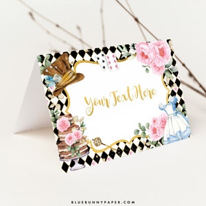 Alice au pays des merveilles Cartes de lieu modifiables Chapelier fou Tea Party Étiquettes alimentaires Décorations de douche de bébé Modèle d'anniversaire Onederland Télécharger AL3
