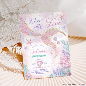 Editable Dive Into Five Mermaid 5th Birthday Invitation Pink Purple Teal Little Mermaid Party Invite Printable Template Download MER1