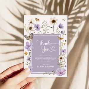 Cartão de agradecimento roxo de flores silvestres, lembrancinhas de festa de jardim de primeiro aniversário Boho Lavender, modelo editável floral Wild One, download instantâneo, FLO32