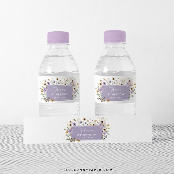Lavender Fairy Water Bottle Label, Boho Wildflower Fairy Garden Birthday Favors, Lilac Floral Baby Shower Tea Party EDITABLE TEMPLATE, FA6