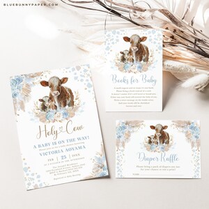 Pacote de convites para chá de bebê da vaca sagrada azul Boho Cow Baby Boy Conjunto de convites Pampas Livros para sorteio de fraldas de bebê MODELOS EDITÁVEIS, CW3