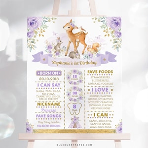 Tableau d'étapes mauve modifiable, cerf lavande 1er anniversaire tableau noir, téléchargement de l'affiche du premier anniversaire des animaux de la forêt, WOOD16