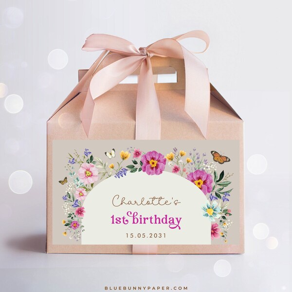 Editable Bright Wildflowers Birthday Party Favors Boho Butterfly Floral Garden Gable Box Label Baby in Bloom Gift Box Label Template, WF5