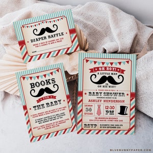 Vintage Little Man Baby Shower Einladung Bundle Moustache Bücher für Baby Boy Gentleman Windel Raffle Vorlagen EDITIERBARE Download Set, L-M1