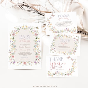 Pacote de convites para chá de bebê com flores silvestres em tons pastéis Livros de convites para bebês em flor para sorteio de fraldas de cartões de bebê MODELOS EDITÁVEIS Baixar, WF2