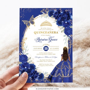 Royal Blue Floral Quinceanera Invitation Flower Butterflies Mis Quince 15 Anos Sweet 16 Editable Birthday Invite Tiara Crown Download FLO44