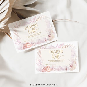 Editierbare Strand Windel Verlosung Ozean Meerjungfrau Baby Dusche Einlegekarte zart rosa Lavendel Muscheln Korallen unter dem Meer Sofort-Download, OC1