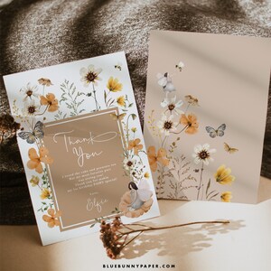 Cartão de agradecimento de aniversário de fada editável, outono, encantado, primeiro aniversário, festa no jardim, lembrancinhas para impressão, boho, flores silvestres, download FA7