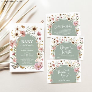 Bearbeitbare Wildblumen Babypartyeinladung Boho Salbei Grün Invite Paket Boho Blumengarten Windel Verlosung Sofortiger Download FLO32