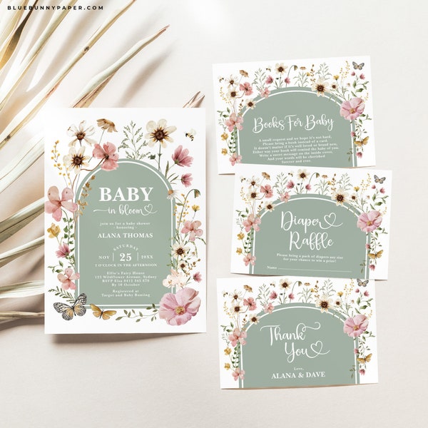 Editable Wildflower Baby Shower Invitation Bundle Boho Sage Green Invite Package Bohemian Floral Garden Diaper Raffle Instant Download FLO32