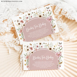 Livres modifiables de douche de bébé de fleurs sauvages Boho pour carte de bébé, insert de demande de livre floral de jardin rose poussiéreux, bébé en fleurs Téléchargement instantané FLO32